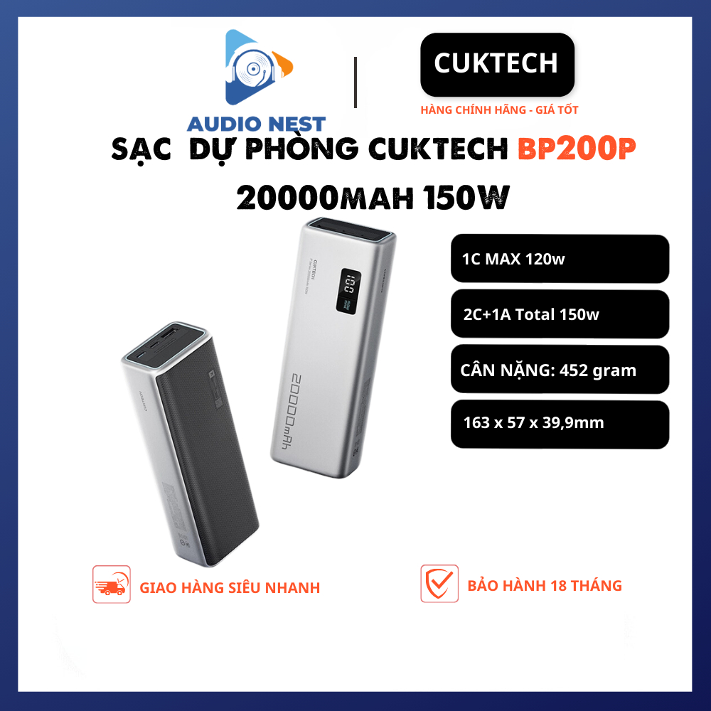 Sạc Dự Phòng Cuktech 20000mAh 150W 100W (PB200P/BP200) 2C1A PD 3.1 PPS5A QC Mi Turbro - Bảo Hành 18 Tháng