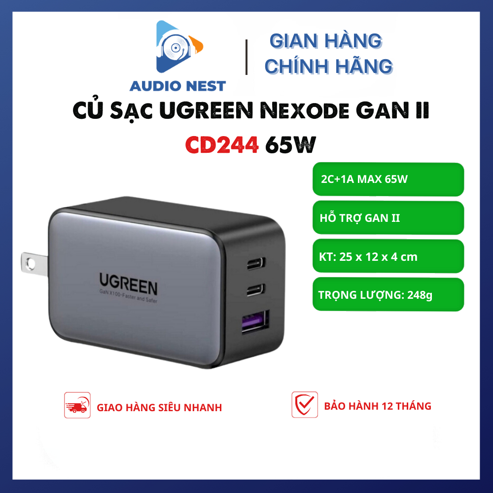 Củ Sạc Nhanh UGREEN 65W CD244 Nexode GaN II Hỗ trợ 3 cổng 2C1A - Bảo Hành 12 Tháng