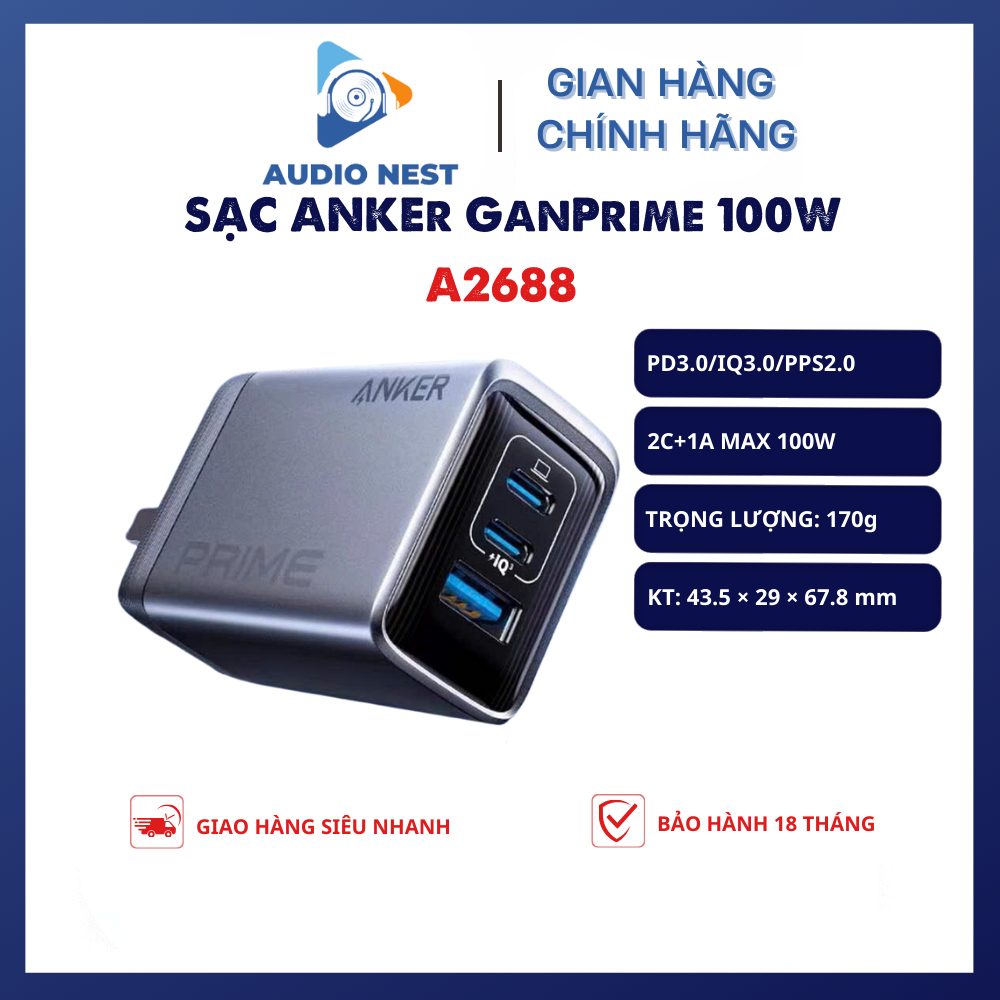 Sạc Nhanh Anker Prime 100W Gan Prime A2688 Hỗ Trợ PD3.0/IQ3.0/PPS2.0 2C+1A - Bảo Hành 18 Tháng